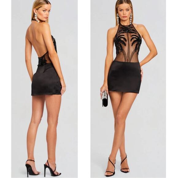 Retrofete Ondine Sequin Embellished Palm Tree Sheer Black Mini Dress Size Medium - Picture 1 of 9